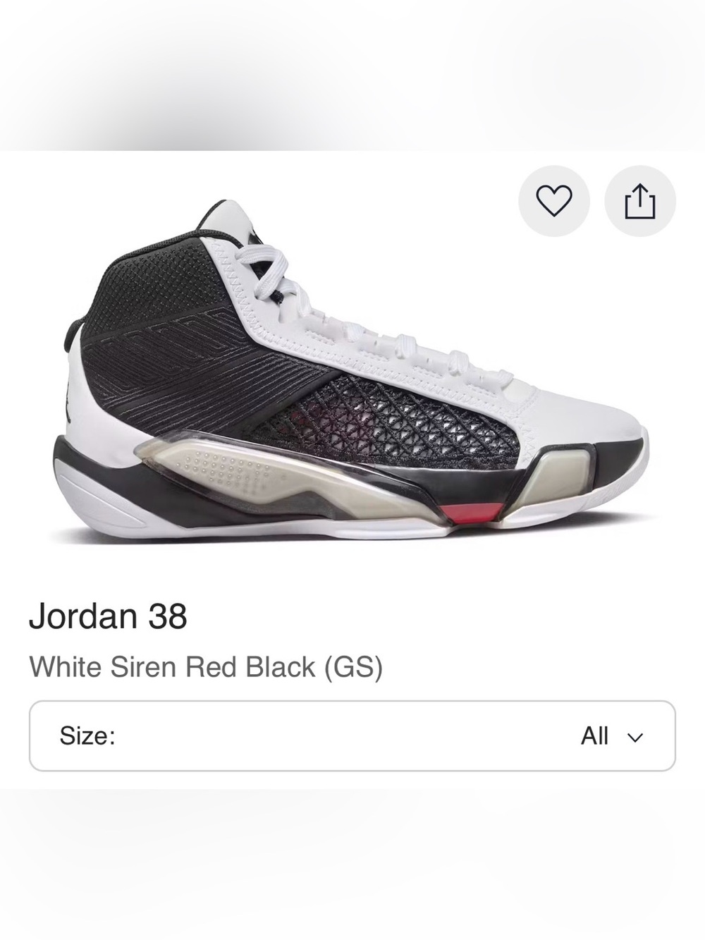 Kids Jordan 38 White/Siren Red/Black